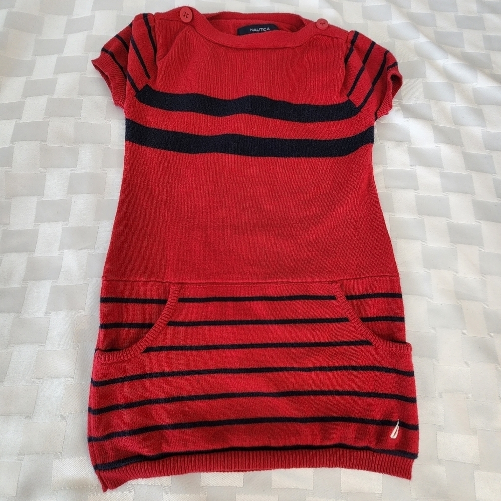 Nautica  Red & Blue Striped  With Pockets Girls Knit Sweater Dress Size 3T